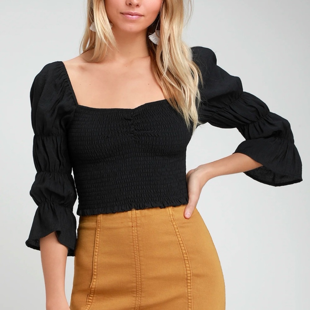 Black Smocked Square-Neck Top with Puff Sleeves - Women